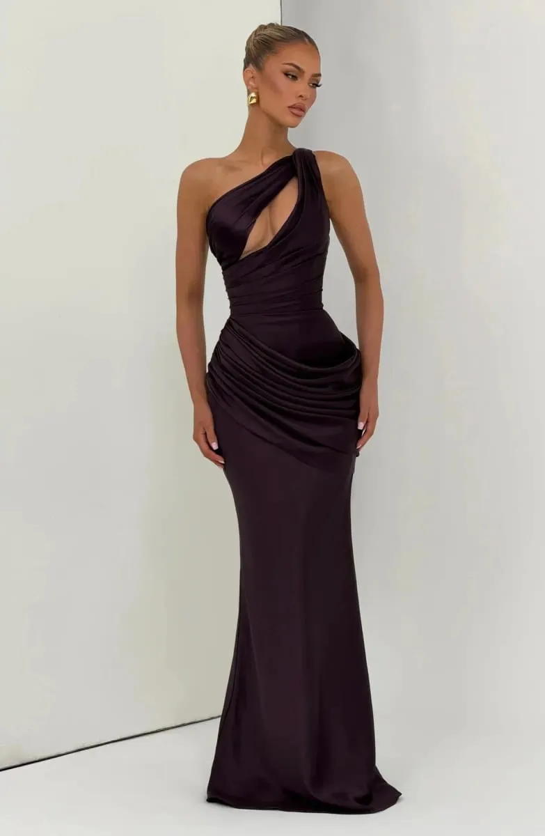 Women Green Ruched Elegant Satin Maxi Dress Mermaid One-shoulder Cutout Slim Fit Flowy Vestido 2026 Lady Summer Evening Vestidos