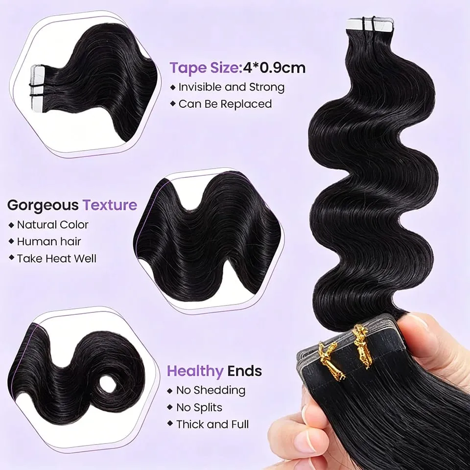 Body Wave Tape In Extensions Human Hair #1B Natural Black Tape on Hair Extensions Vietnamese Real Human Hair Seamless Skin Weft Tape Ins Tape-In Human Hair Extensions For Adding Length and Volume 50G 20Pcs/Pack
