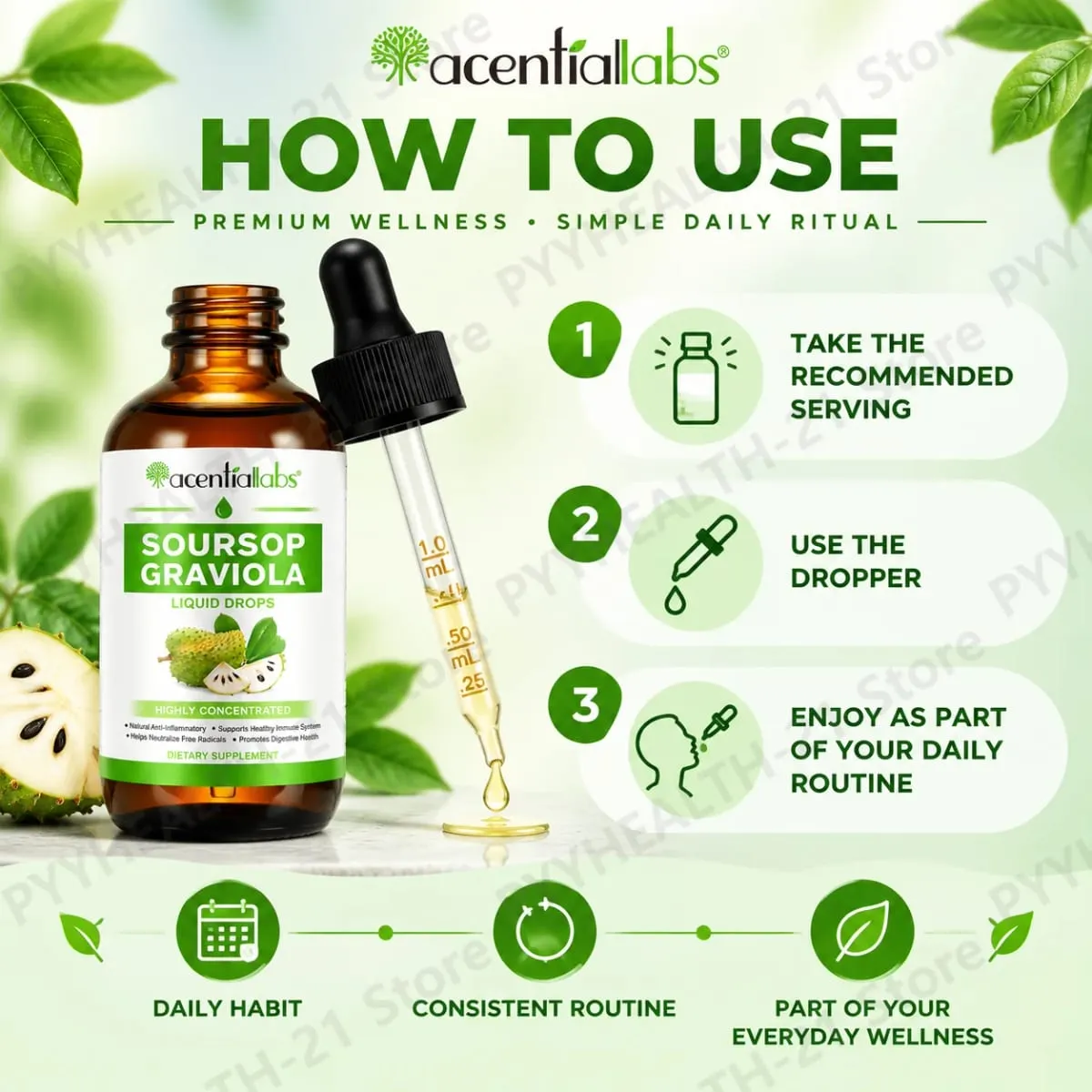 AcentiLabs Soursop Graviola flydende dråber C-vitamin understøtter fordøjelsessundhed Immunsystem Frie radikaler forsvar 60 ml til voksne