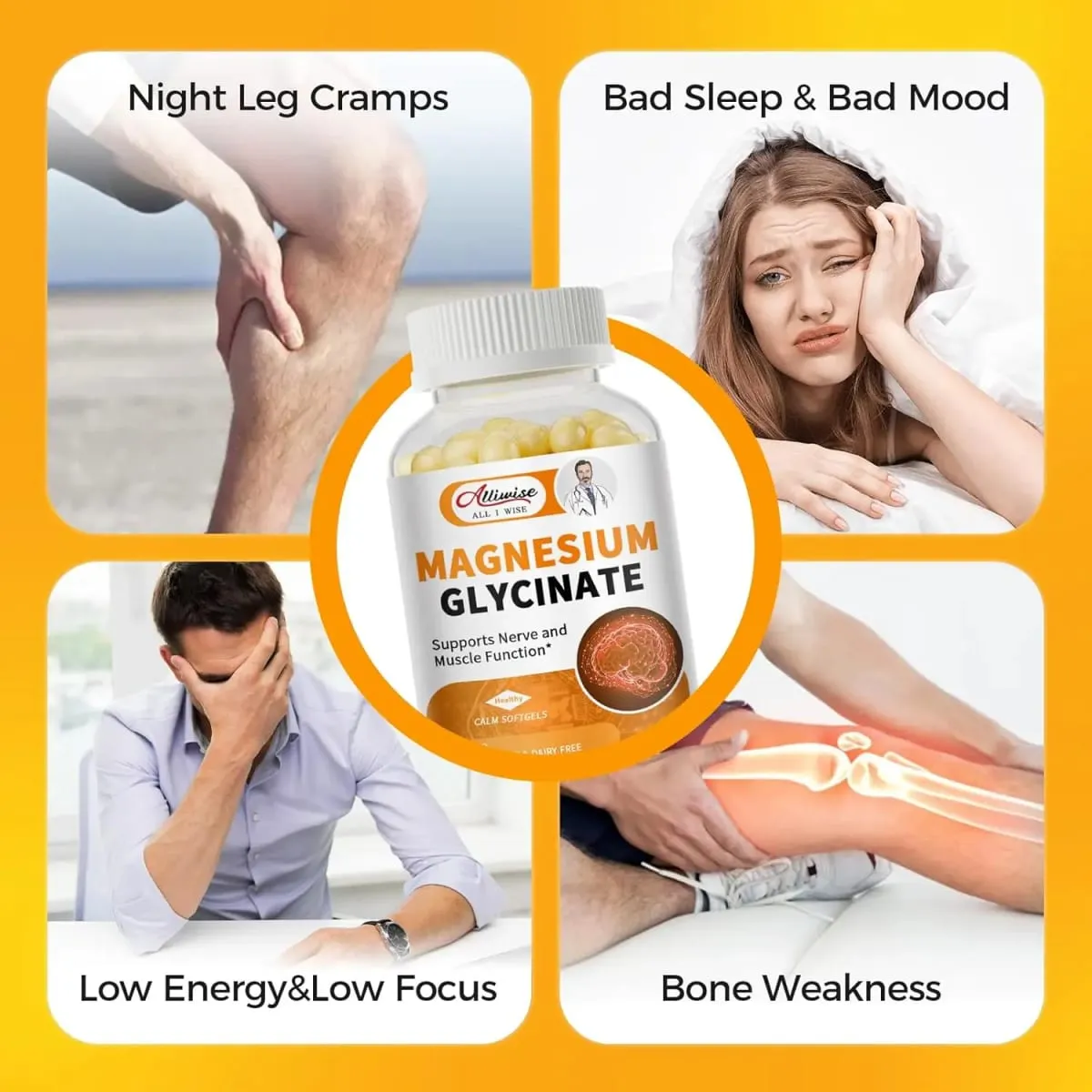 AlliwiseแมกนีเซียมGlycinate 400MgอาหารเสริมสำหรับสตรีและบุรุษธรรมชาติSleep Supportสุขภาพกระดูกภูมิคุ้มกันอารมณ์
