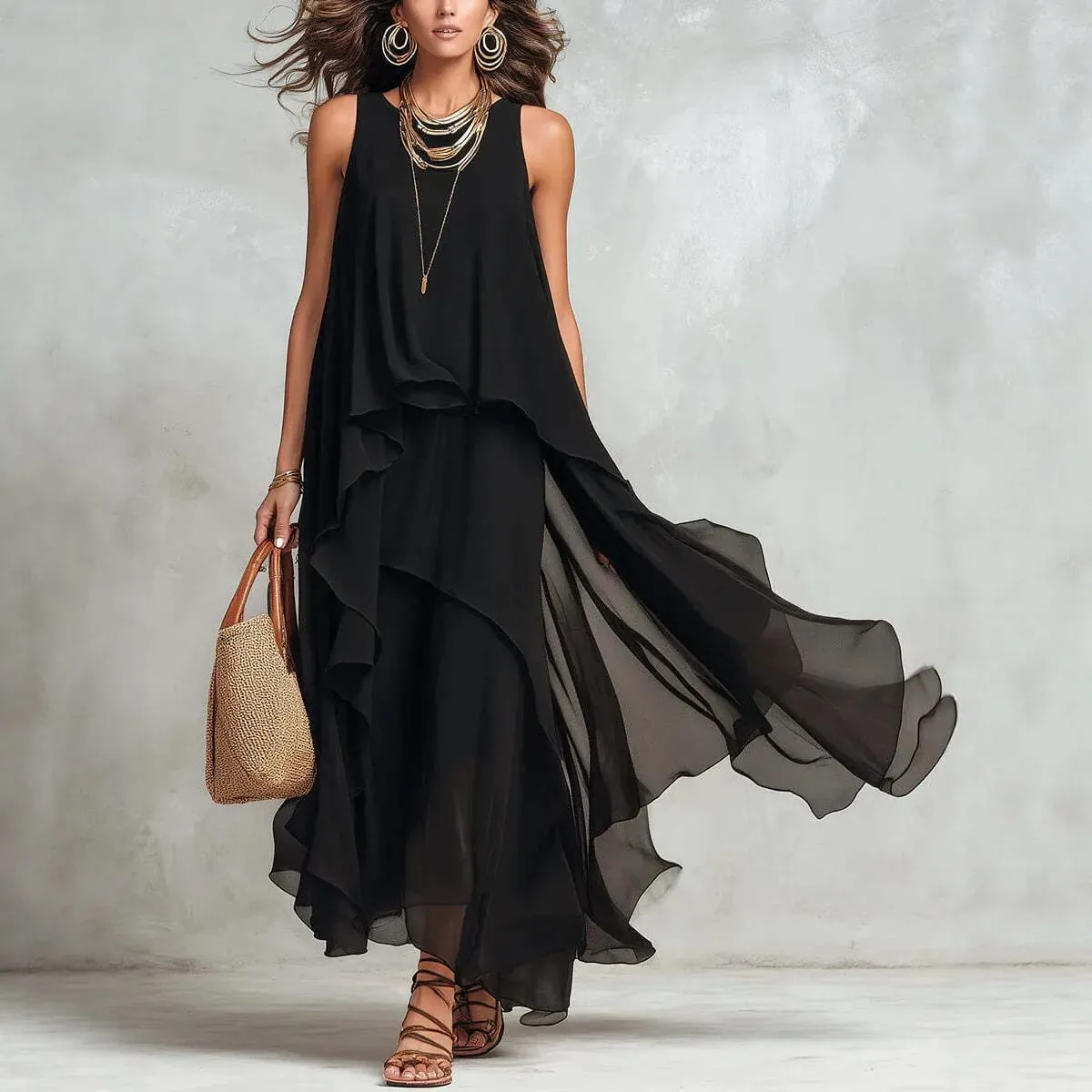 2026 new black sleeveless irregular chiffon long dress with elegant temperament for women