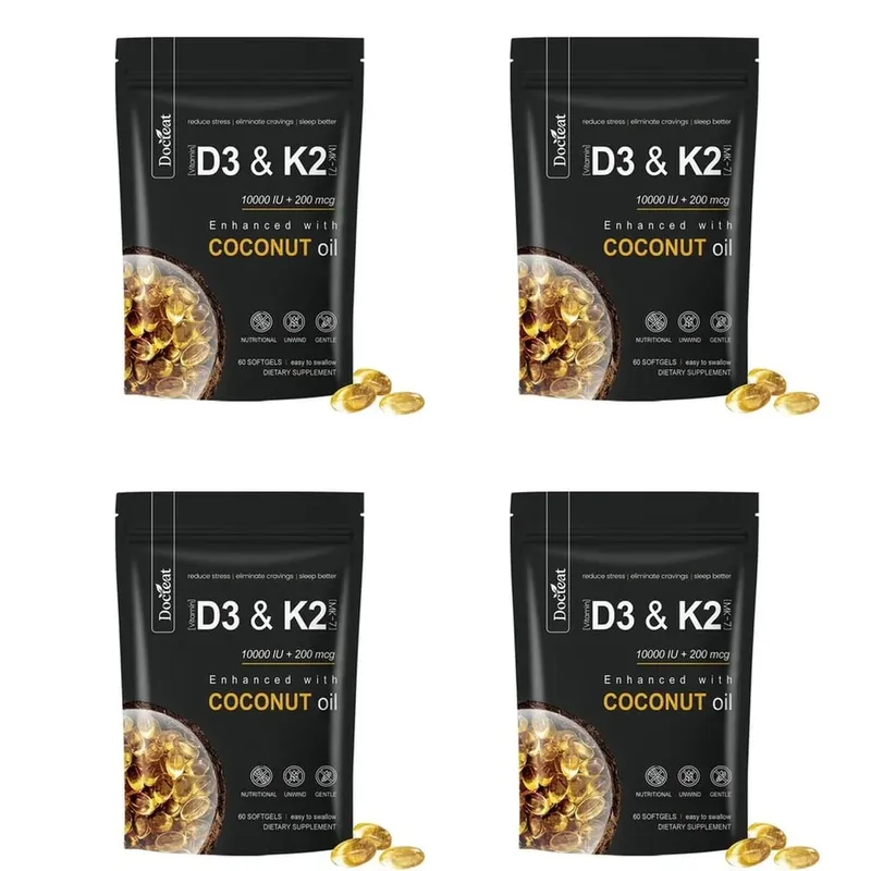 Docteat Vitamin D3 & K2 Softgels with Magnesium and Coconut Oil for Bone Nutrition Balance Immune System Balance - 60 Softgels