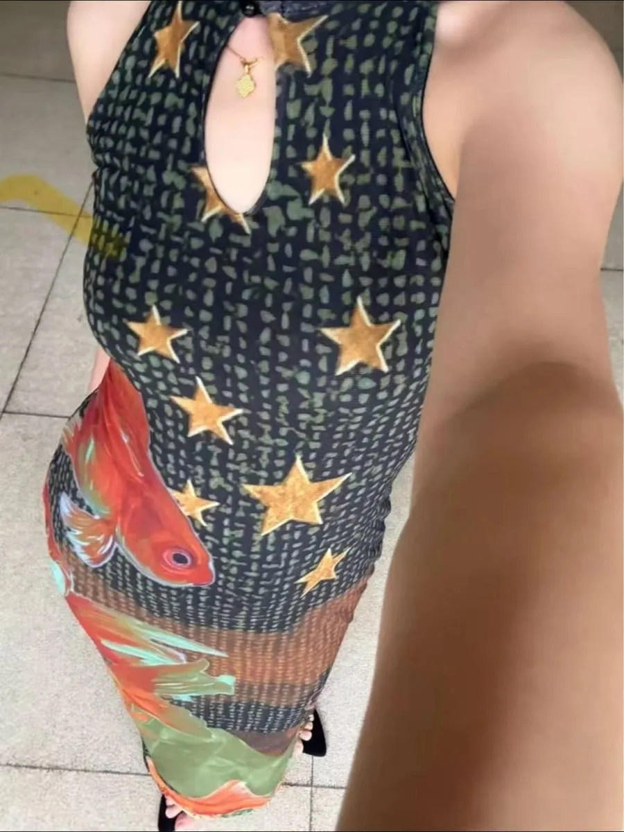 Women Sleeveless Qipao Midi Dress Goldfish Star Print Mandarin Collar Side Slit Vintage Chinese Style Bodycon Summer Cheongsam
