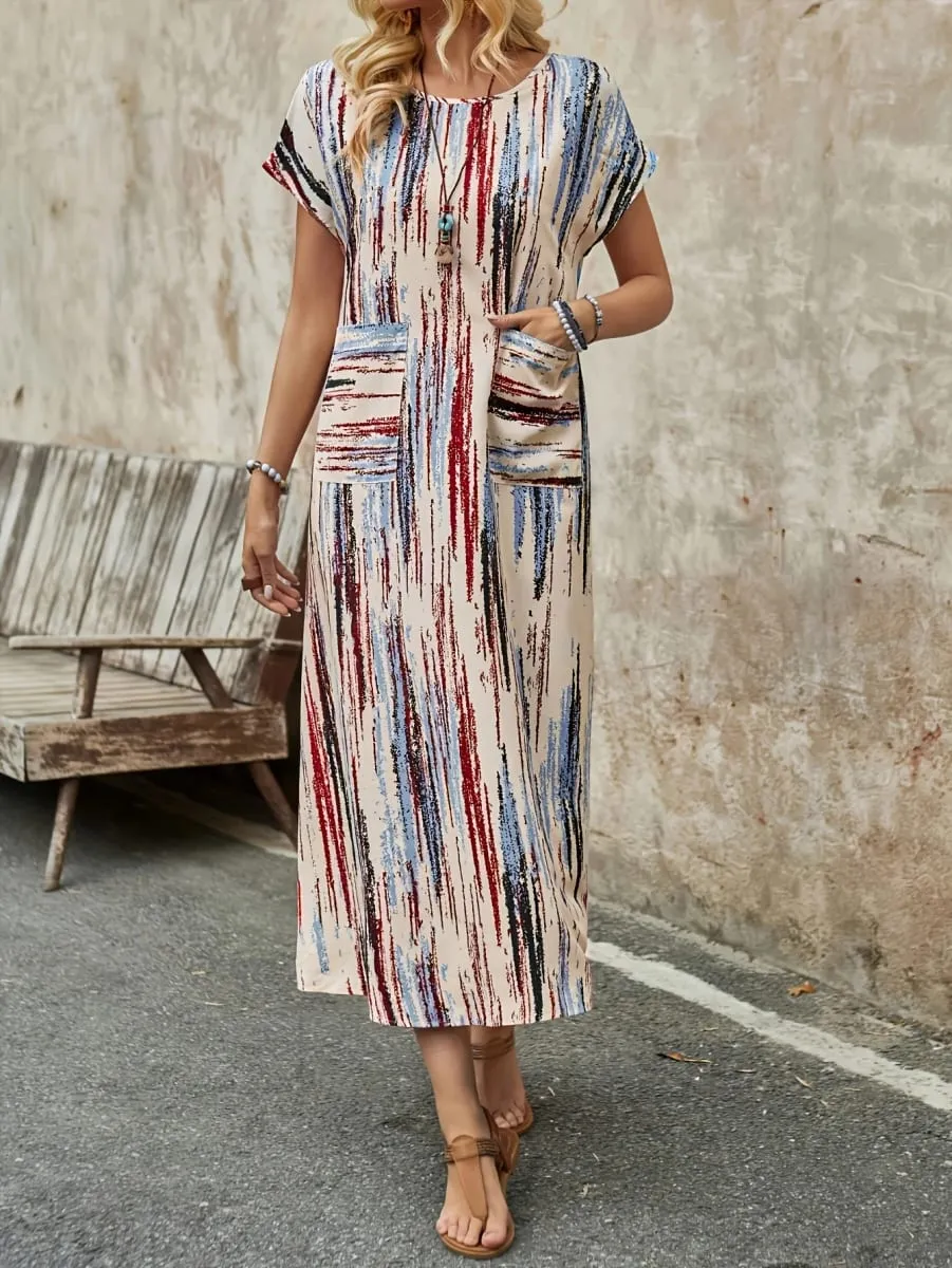 Elegant Directional Round-Neck Double Pocket Colored Stripe Long Summer Dress