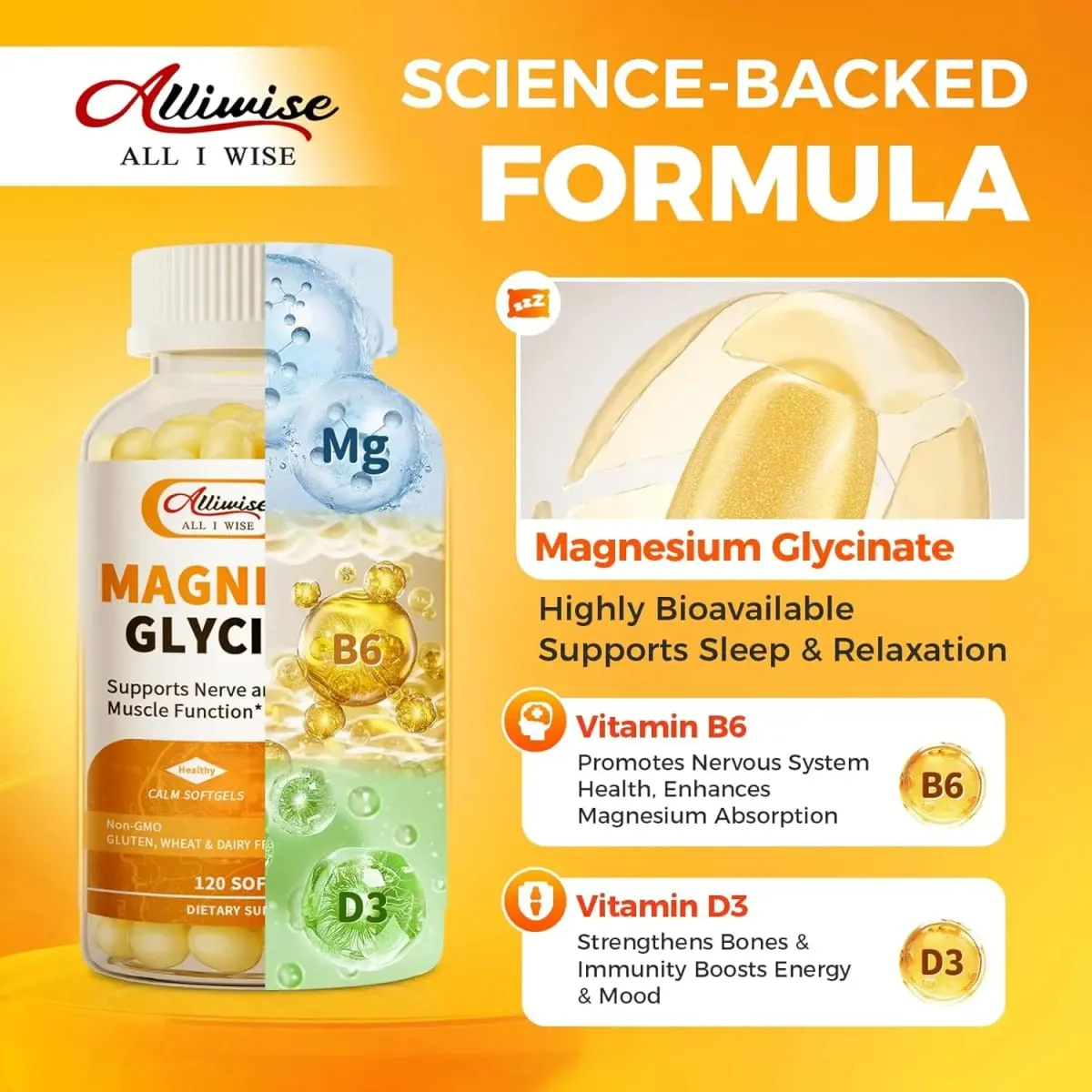 AlliwiseแมกนีเซียมGlycinate 400MgอาหารเสริมสำหรับสตรีและบุรุษธรรมชาติSleep Supportสุขภาพกระดูกภูมิคุ้มกันอารมณ์
