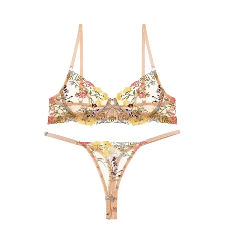 Versatile Transparent Lingerie Set Ultra-thin Push Up Embroidery Floral Underwear Elegant Panties Bra Set Girl