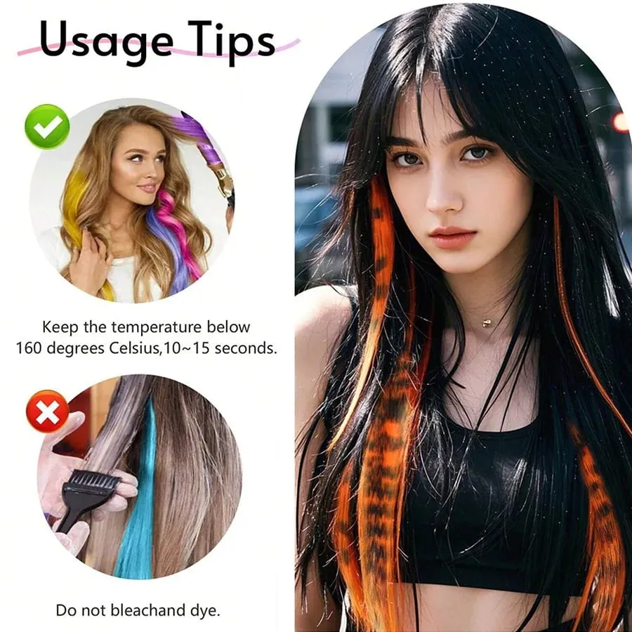 Stripe Printed Clip in Hair Extensions Colorful Synthetic Hair Highlights 18 Inches Straight Wig Hairpieces for Daily Use Party