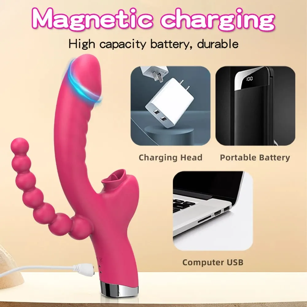 Dildo Vibrator 3 in 1 Clit Licking for Women with Anal Beads Clitoris G Spot Anus Stimulator Vibrator Couple Sex Toy Adult Goods