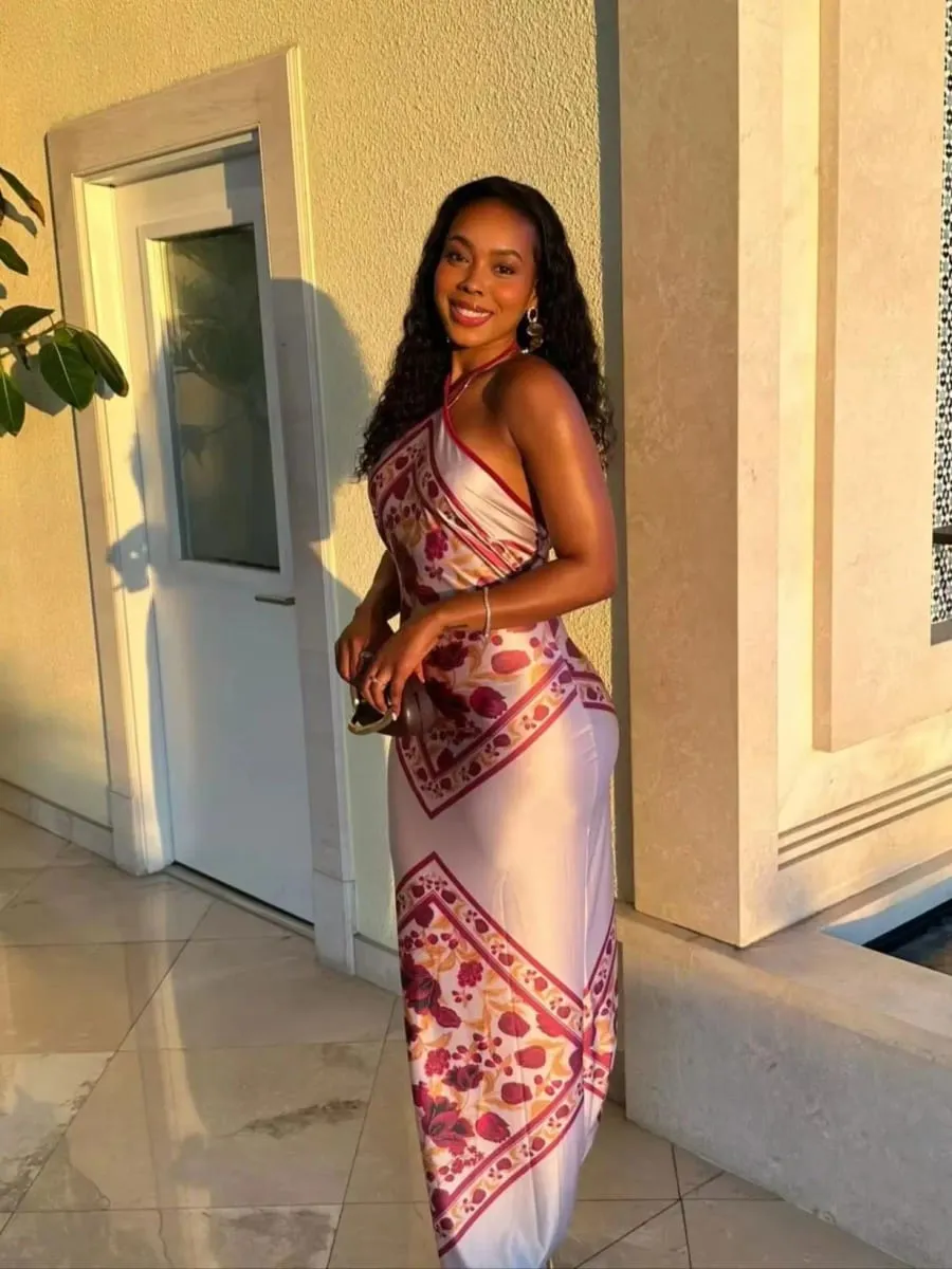 Chique elegante vestido de cetim floral impressão magro bodycon vestidos femininos festa de noite casamento convidado verão streetwear