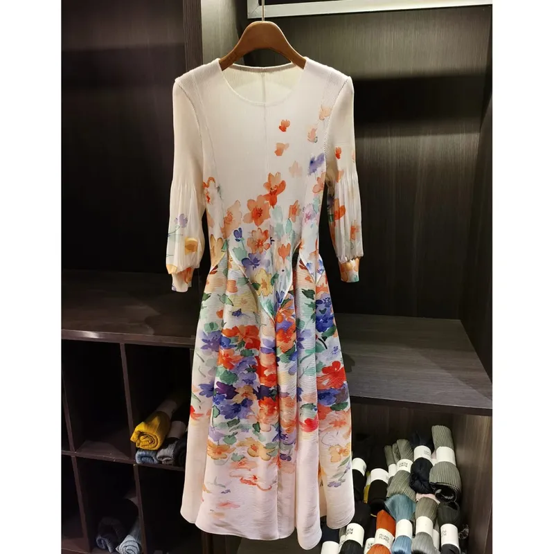 Spring New Oil Painting Print Ruched Dress Women's Beach Vacation Platycodon French Long Dress Fairy Style