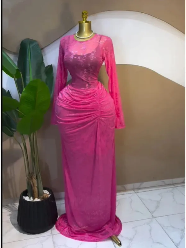 CM.YAYA Women Long Sleeve Stacked Mesh See Though with Lining Bodycon Long Dress 2025 Autumn Evening Birthday Sexy Party Dresses
