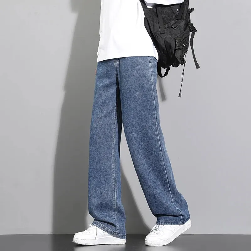 2026 New Korean Men's Casual Long Jeans Classic Man Straight Denim Wide-leg Pants Solid Color Light Blue Grey Black