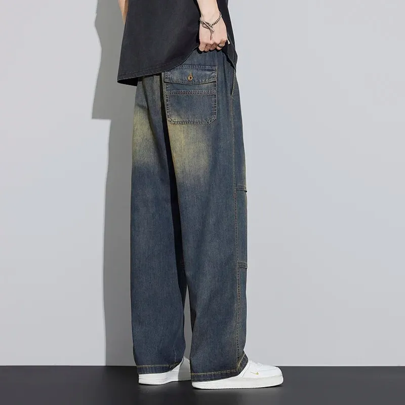 2026 New Japanese Style Textured Grid Men's Jeans Plus Size Loose Straight Vintage Washed Casual Daily Denim Pants