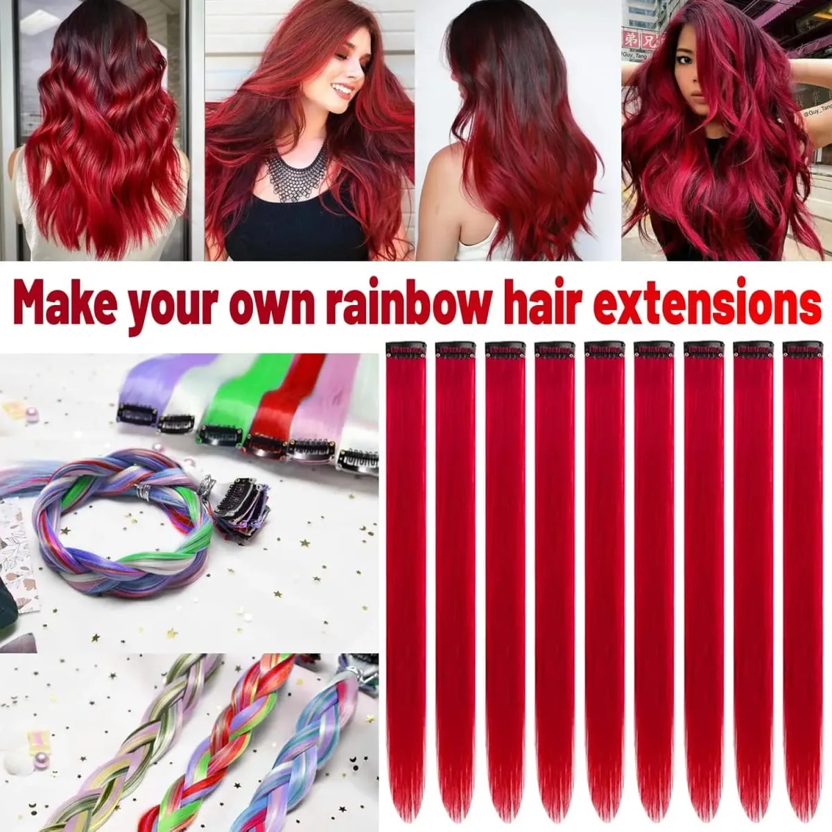10 PCS Sintetik 22 inci Sambungan Rambut Berwarna Potongan Rambut Lurus Warna-warni Sorotan Pesta Klip dalam Panjang untuk Kanak-kanak Perempuan Wanita