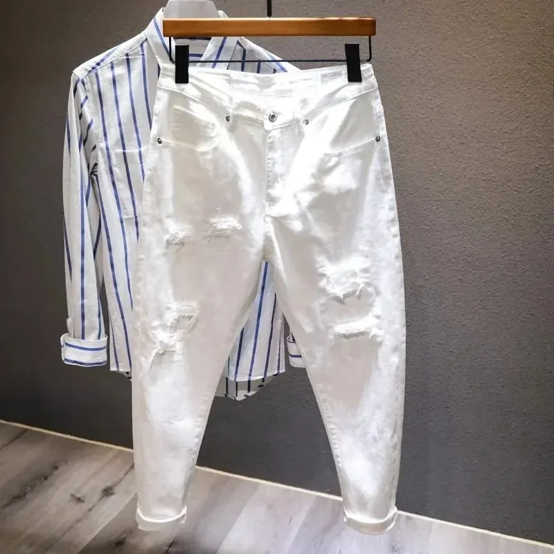 Nové džíny s roztrhanou dírkou Muži Bílá Móda Harém Pánské Kalhoty Univerzální Stretch Pohodlné Streetwear Džínové kalhoty
