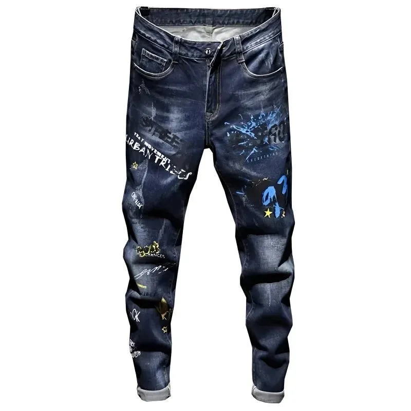 Jeans in denim elasticizzato a gamba dritta stampati con tendenza alla moda primaverile e autunnale per uomo Jeans sportivi casual comodi di alta qualità