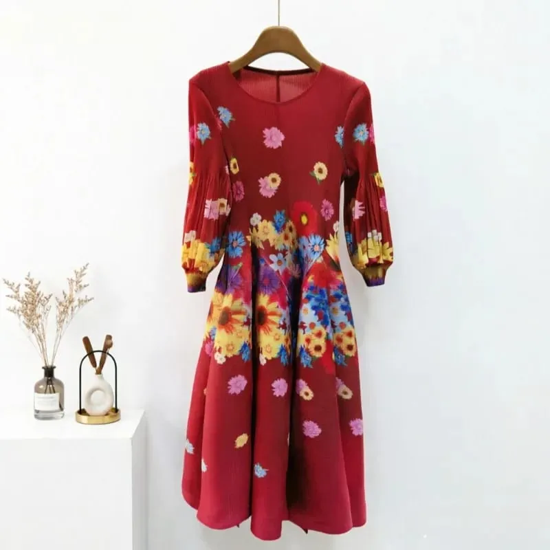 Miyake Plissee Kleider 2026 Herbst Neue Sanfte Französisch Druck Elegante Stretch Plus Größe frauen Langarm Bounce Blume Knospe kleid