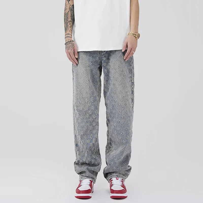 Nam Phong Cách Mỹ Vintage Dệt Hoa Thiết Kế Quần Jean Thời Trang Nam Mùa Hè Mỏng Hàng Ngày Thường Ngày Denim Quần Rời Ống Suông Quần