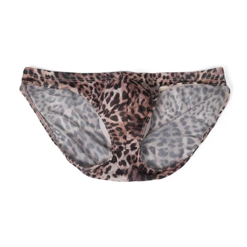 Men Sexy Briefs Underwear Mesh Sheer Ultra-Thin Underpants Big Penis Pouch See Through Panties Leopard Bikini