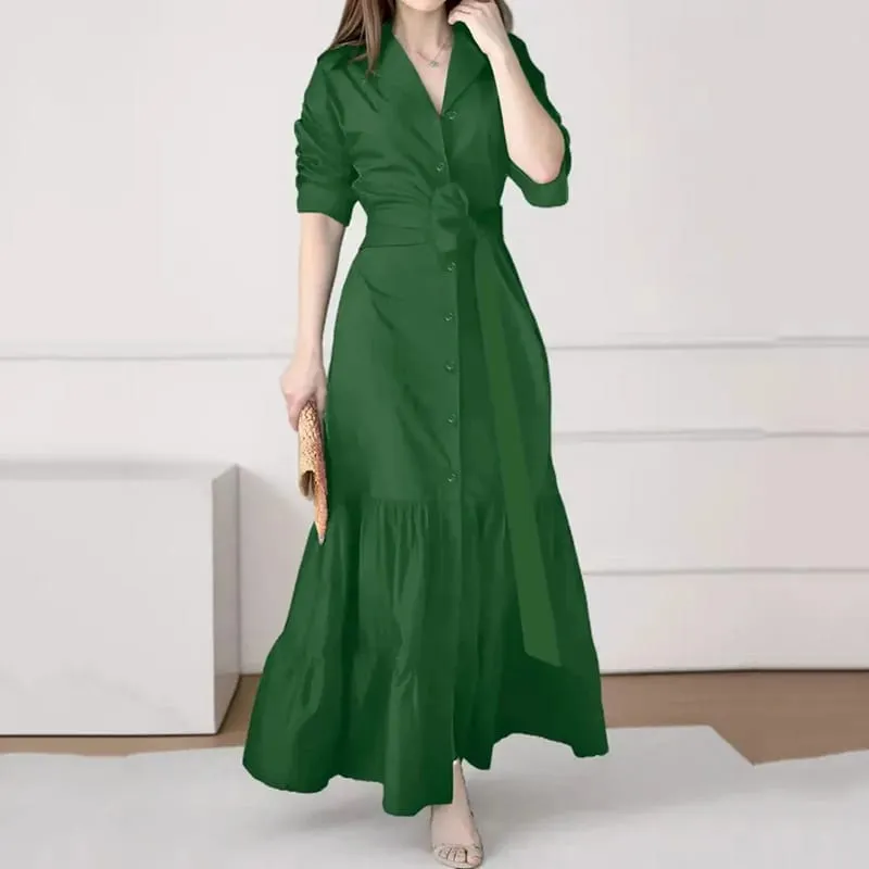 Spring Summer New Women's Long Solid Color Shirt Dresses Versatile Elegant V Neck Lace Up Cinched Waist Single Breasted Dress