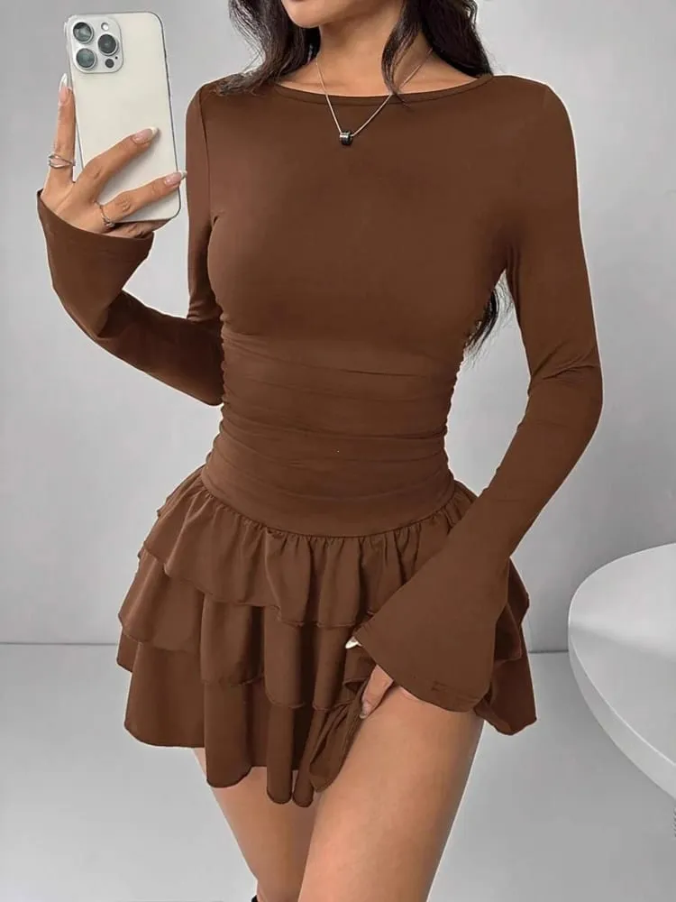 Autumn Winter Solid Color Slim Fit Cascading Ruffles Mini Dress Women Elegant Flare Sleeve High Waist Sexy Party Bodycon Dresses