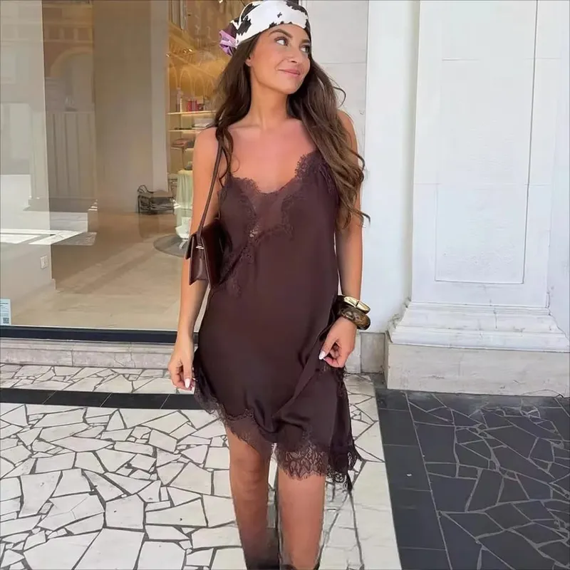 New In Sexy Lace Patchwork Mini Dress For Women Irregular Spaghetti Strap Backless Slit Party Dress Female V-Neck Bottom Dresses