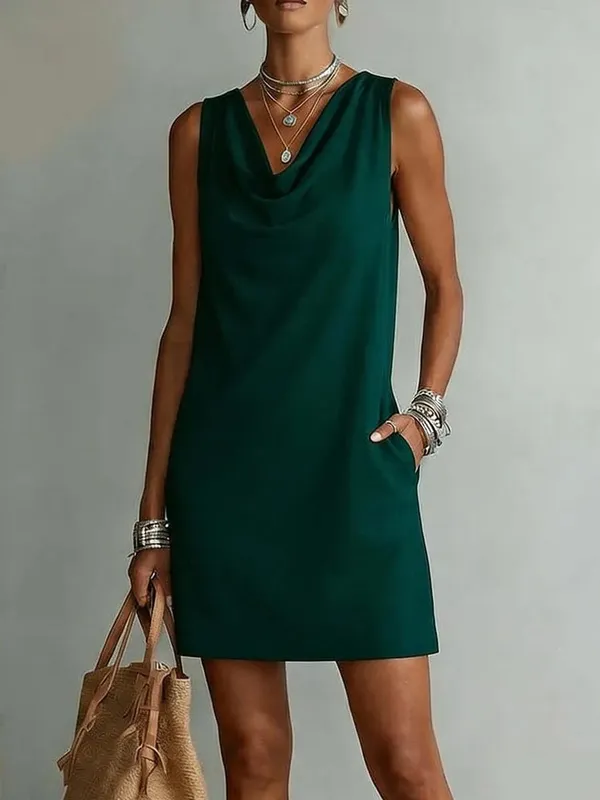 Women Casual Loose V-Neck Sleeveless Pocket Ruffles Dress Spring Summer Vest Tank Midi Dresses
