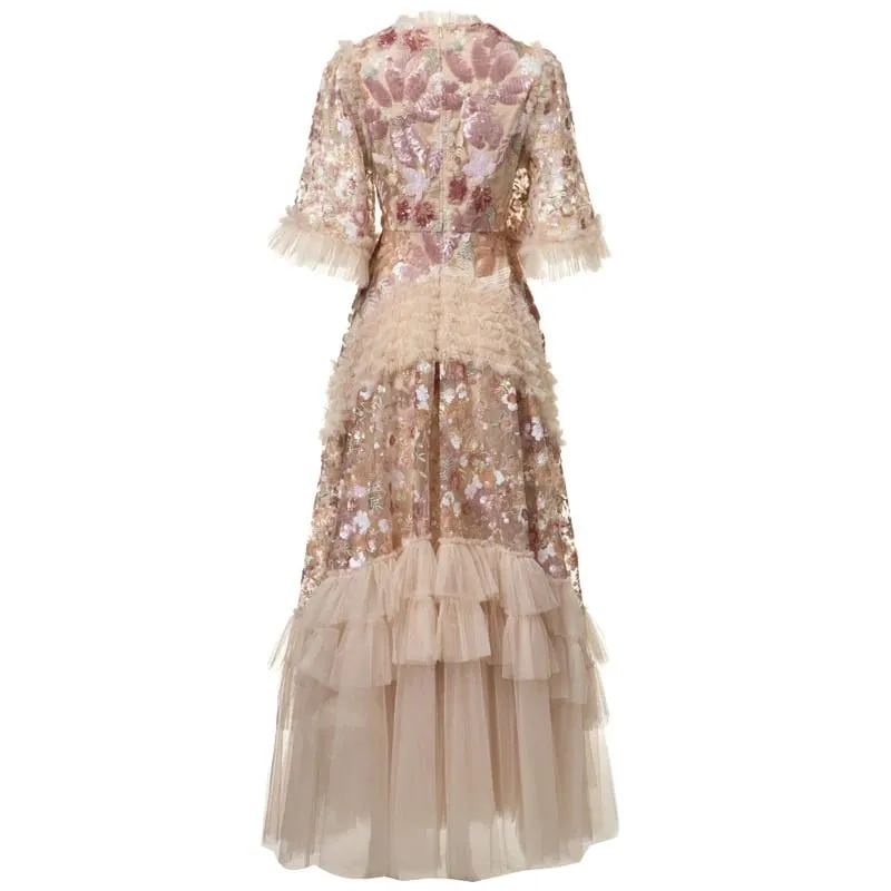 Mode Rosa Broderade Paljetter Klänning Damer Rund Hals Volanger Halva ärmar Ankellånga Klänningar Ny 3A132