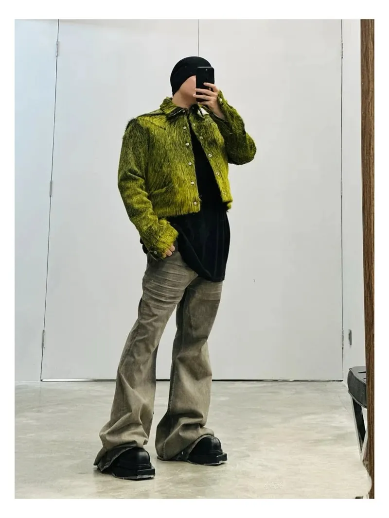 High Street RO Style Jeans Pants Men's Horn Wide Legs Look Skinny Stacked Dragging Wrinkled Cat Beard Wasteland Denim Pant