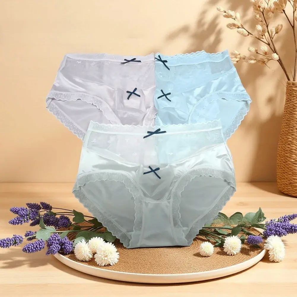 Men Satin Lace Brief Underwear Sweet Bow Decoration Sheer Mesh Waistband Scalloped Lace Trim Soft Smooth Fabric Sexy Male Briefs