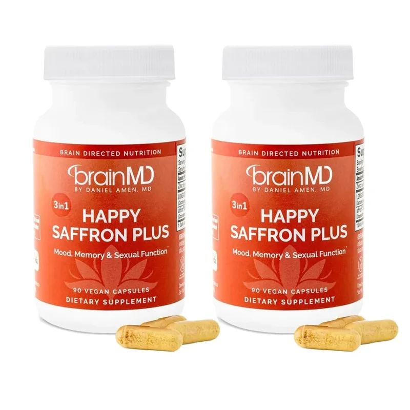 Happy Saffron Plus Supplement for Mood Memory - 90 Capsules - with Saffron Flower Extract Curcumin & Zinc - Vegan Gluten Free