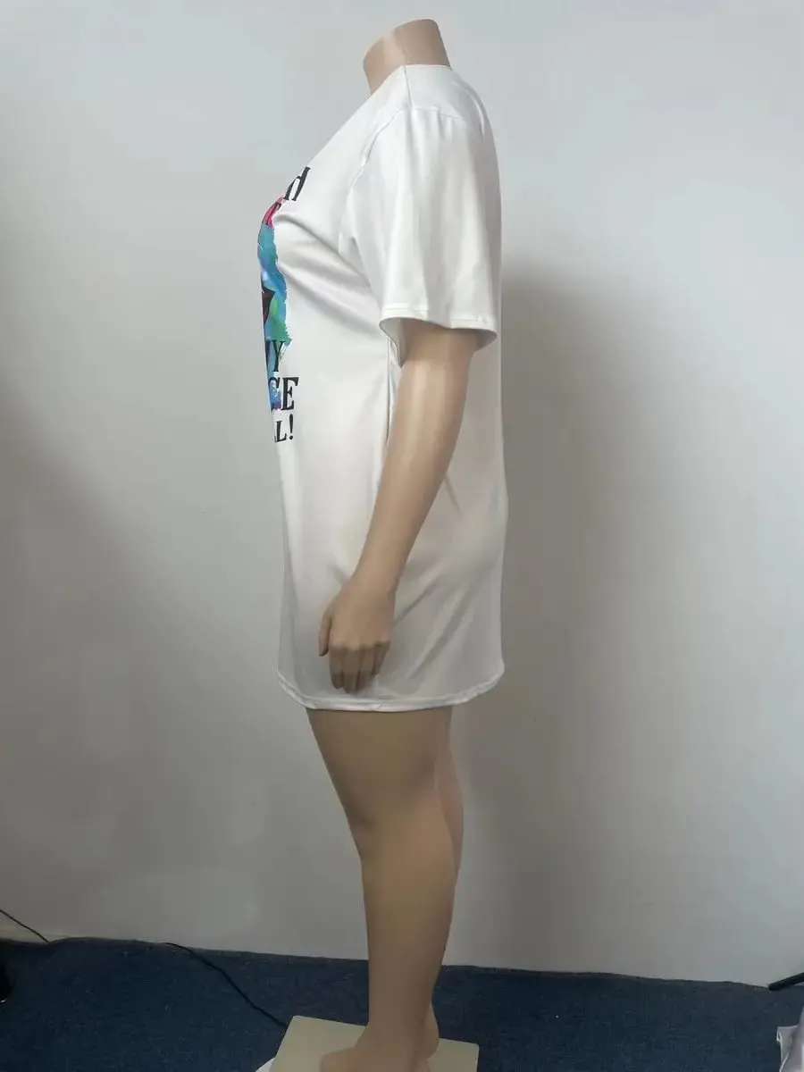 Women's summer casual fashion loose plus size letter lip print pattern printed short sleeved summer T-shirt dress