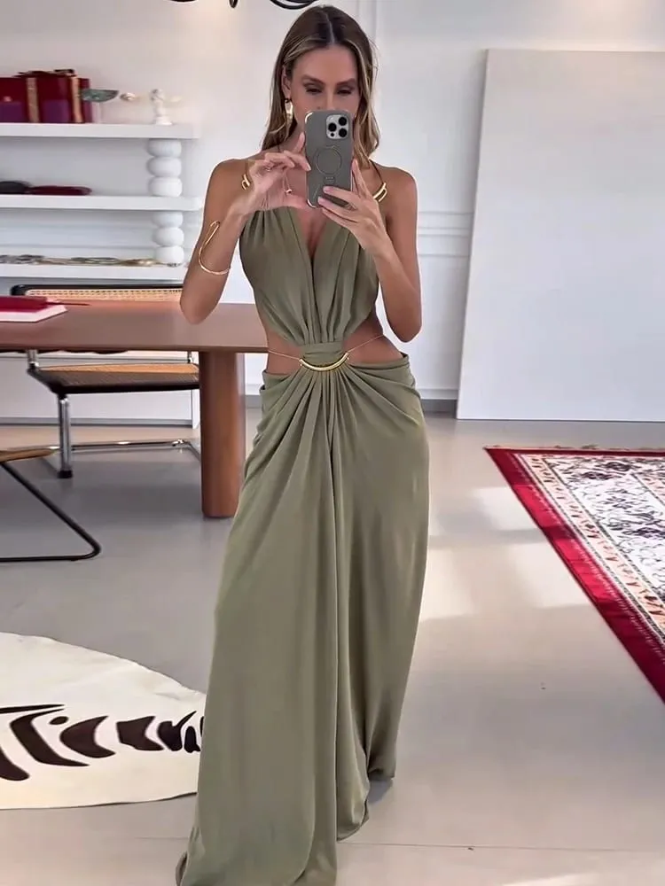 Sexy Women's Backless Dress Halter Sleeveless Waist Hollow Out Solid Female Dresses 2026 Summer Vacation Beach Fashion Lady Robe