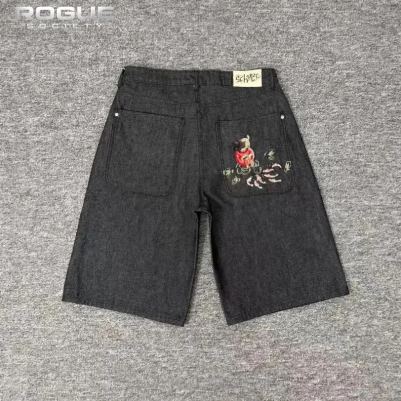 Summer Urban Hip Hop Denim Jorts Vintage Streetwear Y2k Embroidery Graphic Washed Baggy Denim Shorts Men Wide Leg Harajuku Jeans