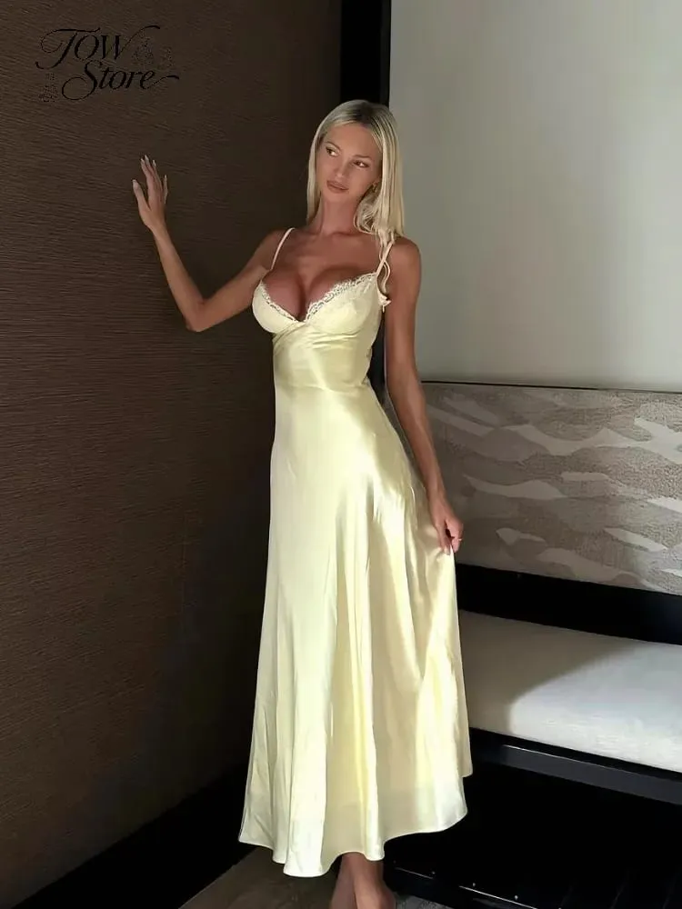 Solid Satin Lace Slip Dress Spaghetti Strap Trim Women V-neck Bias Cut Maxi Dresses 2026 Lady Elegant Evening Party Summer Gown