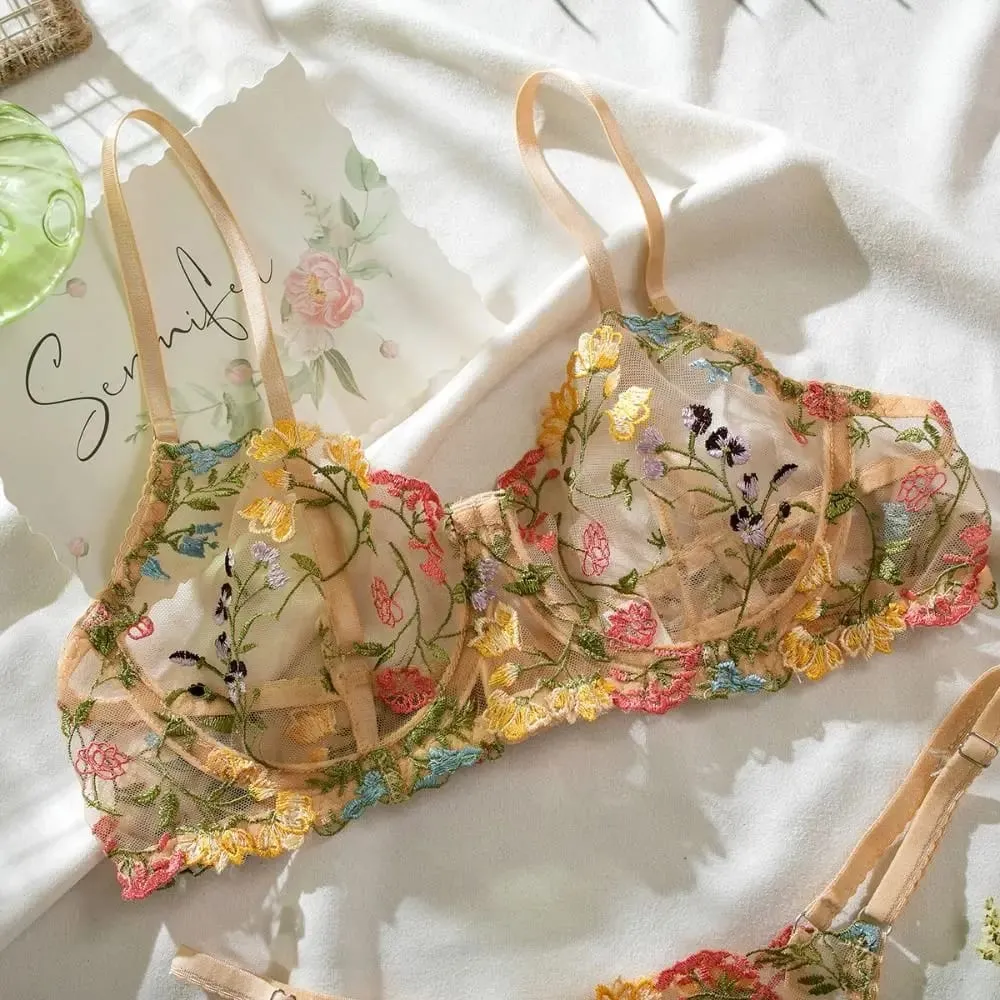 2-Piece Sexy Floral Lingerie Set Embroidery Sheer Women Underwear Intimates
