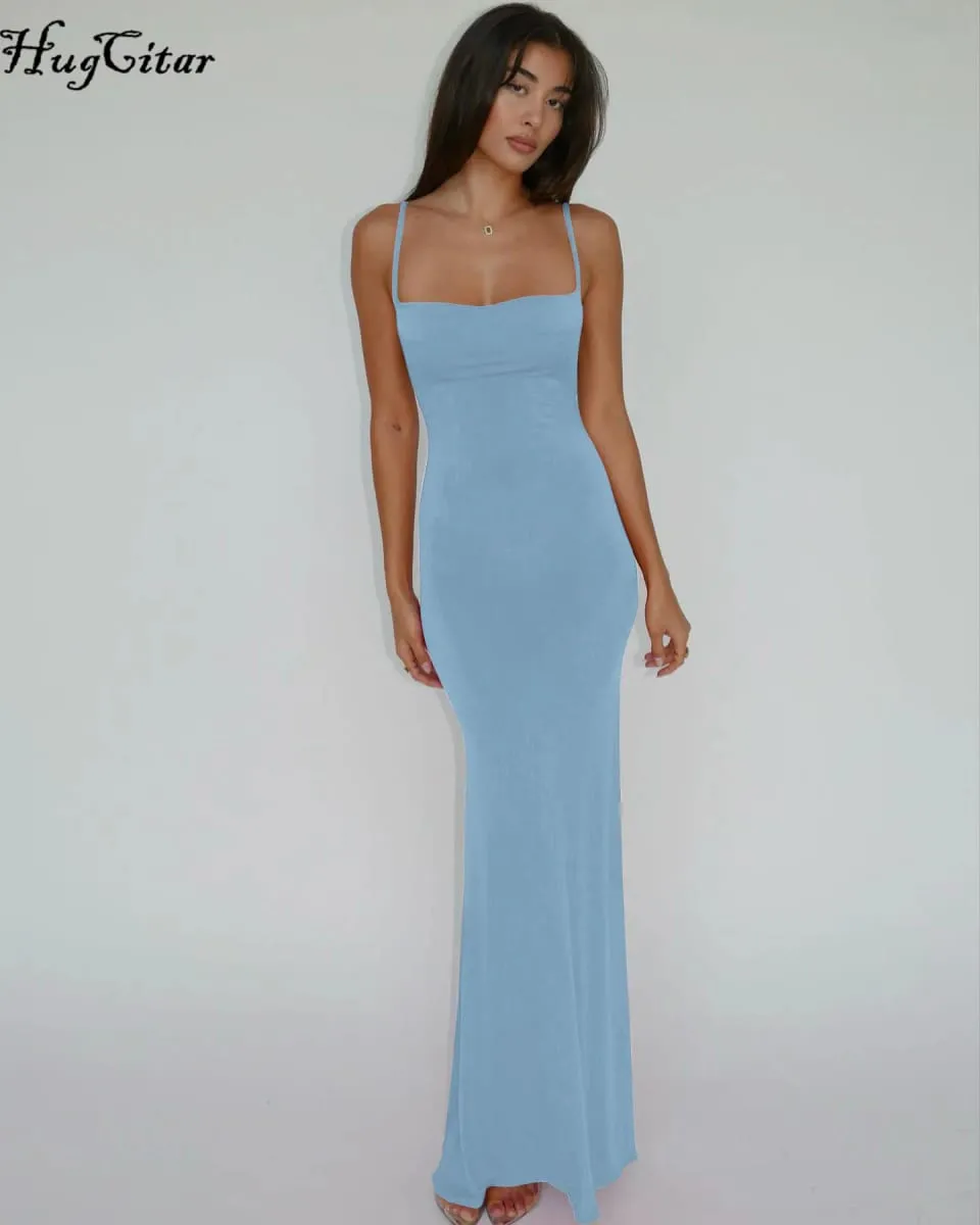 Hugcitar Summer Solid Sleeveless Backless Elegant Sexy Bodycon Y2K Maxi Prom Dress Women Clothes Birthday Party Casual Y2K