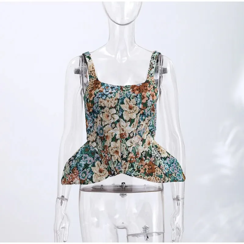 Chic Print Flower Slim Top Women Sleeveless Slash Neck Sling Backless Zipper Vest Female 2026 Fashion Summer Autumn Lady Tops