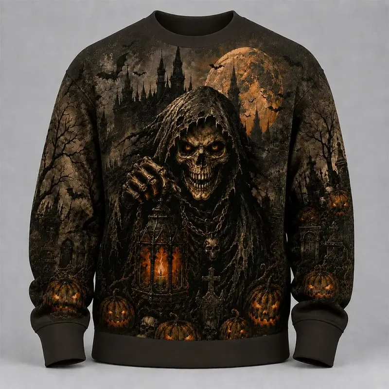 Fleece Sweatshirts Halloween Men's Skulls Sweatshirt Punk Party Gothic Crew Neck Vacation Blue Dark orange Brown Green