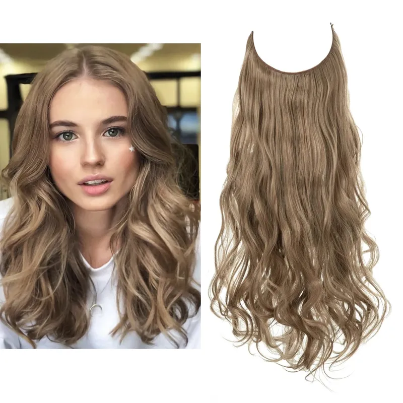 Sintético sem clipes na extensão do cabelo natural ombre preto loiro rosa uma peça onda longa fio invisível falso pedaço de cabelo