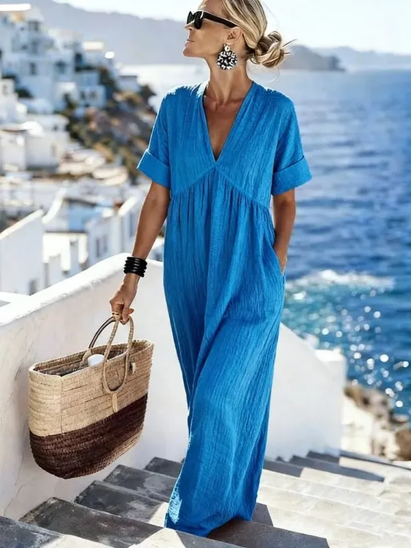 2026 Casual V-neck Short Sleeve Solid Color Women's Loose Dress Summer Elegant Female Fashion Vacation Pocket Long Dresses