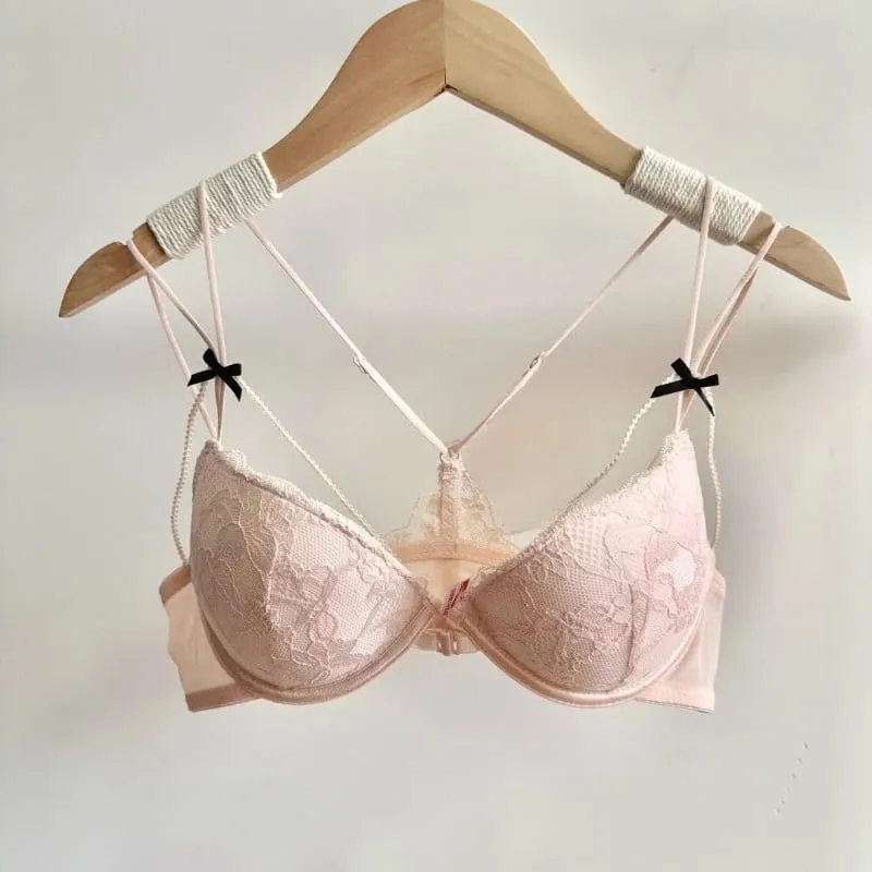 Minimal Romantic Coquette Lace Front Clasp Bra Set Wirefree Ultra Thin Straps Beauty Back Small Bust Create Curvy Lookr MOYISU