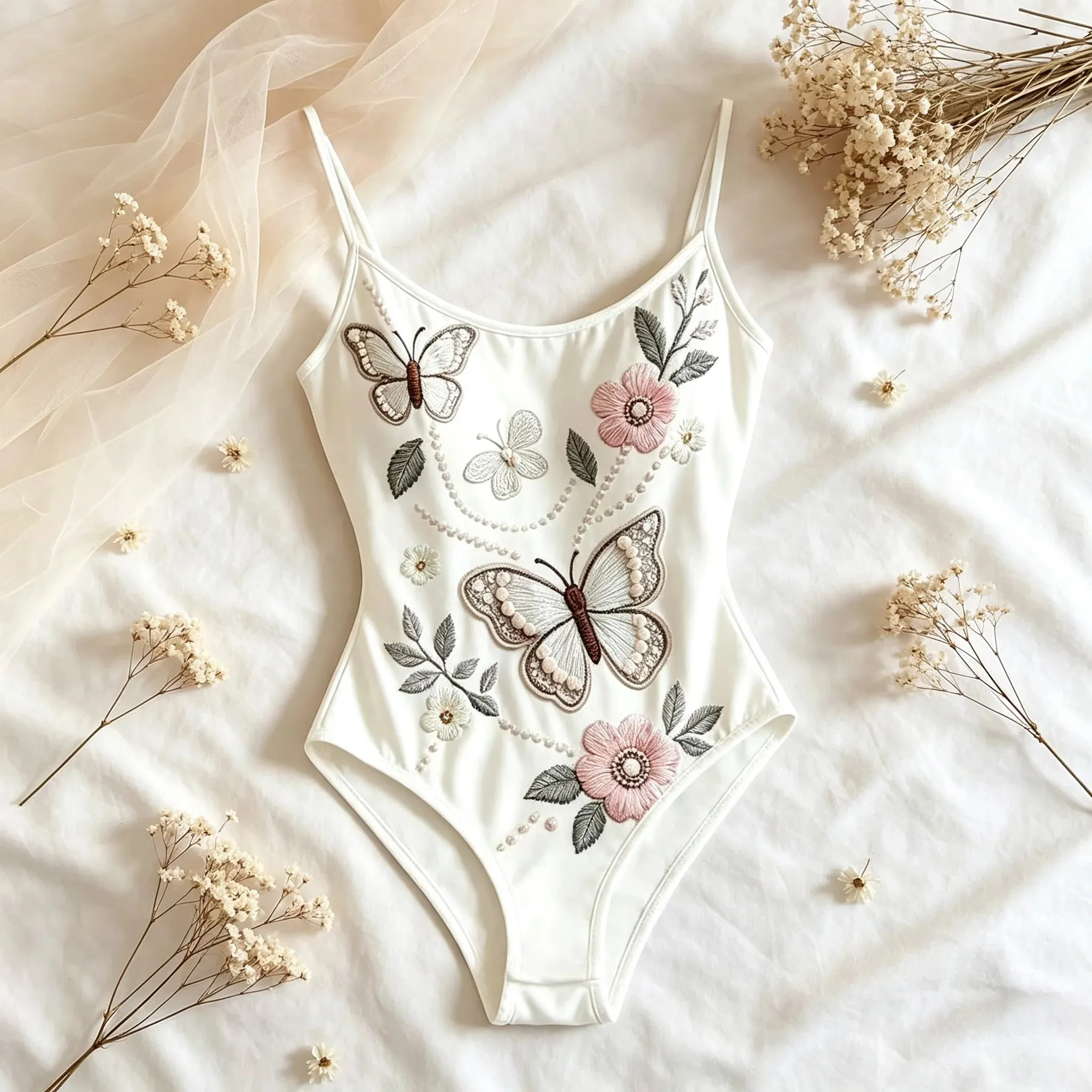 Elegant Butterfly Floral Embroidery Bodysuit Women Spaghetti Strap Slim High‑Cut One‑Piece Bodycon Jumpsuit
