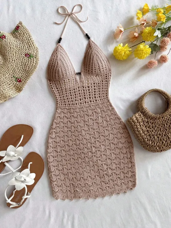 Women's White Crochet Halter Neck Sleeveless Dress