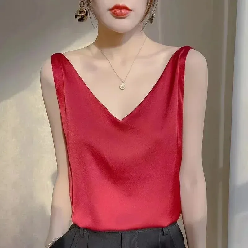 Kvinde T-shirts Elegant SILK Satin Bluse Ærmeløs Kvinde Sommer Casual Løse Tanks og Camis Ensfarvede grønne toppe til kvinder — image 6