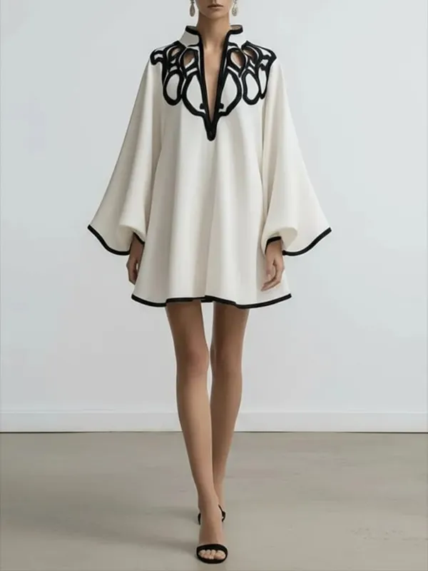 Freeacy Hollowed V-neck Mini Dress for Women Flared Sleeves A-line Pleated Dress 2026 Stylish Contrast Trims Elegant Party Dress