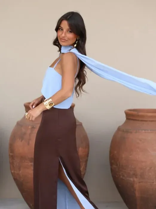 Color Blocking Scarf Collar Suspender Women Maxi Dress Spaghetti Strap High Split Floor Length Evening Dresses Lady Party Robes