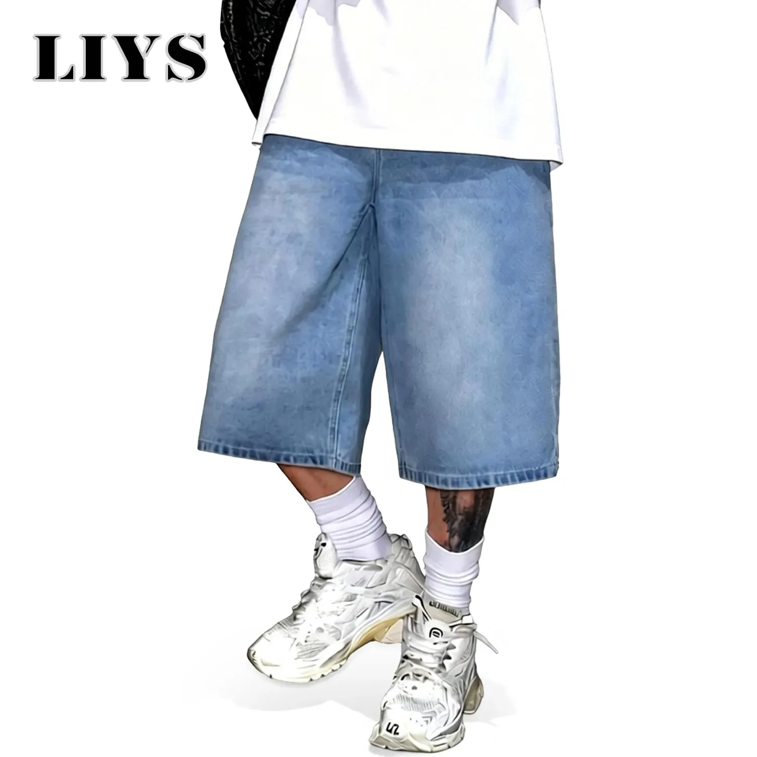 Men's Simple Light Blue Retro Ultra Baggy Wide-Leg Denim Shorts Student Youth Street Casual Oversized Baggy Jeans Unisex