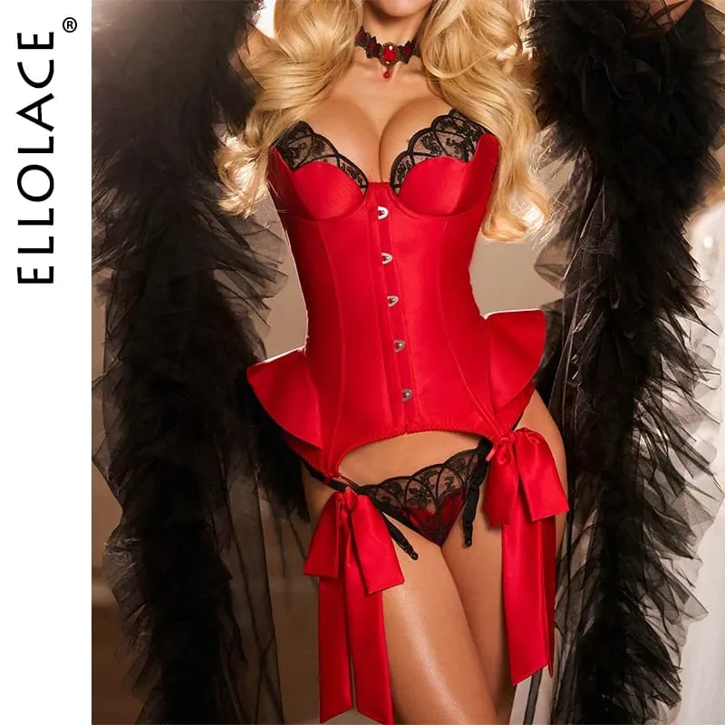 Ellolace Premium Women's Lingerie Sets Palace Corset Bra Thong 2PC Sparkling Red Sensual Outfits Passion Lace Bowknot Intimates — image 2