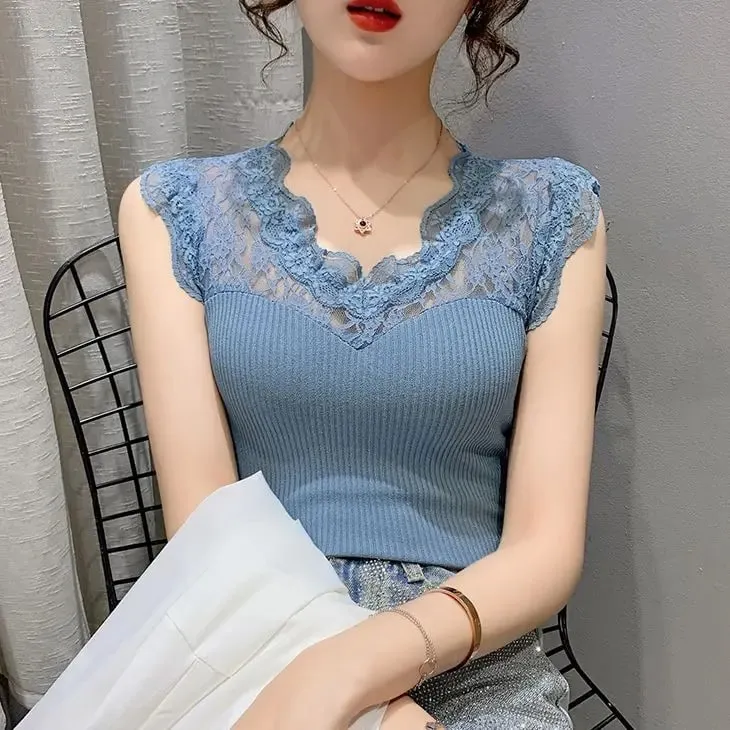 T-shirt sans manches pour femmes, col en v, couture en dentelle, gilet transparent en soie glacée, bretelles, couche de Base tricotée, été